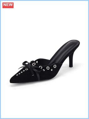 Bow Tie Mule Heels Pointed Toe Studded Stiletto Slip On Pumps